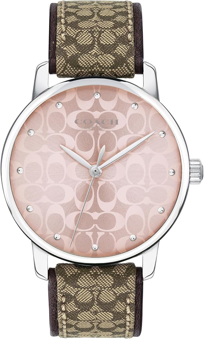 Coach Grand women's watch with pink dial, Coach signature pattern, silver case, and brown leather strap