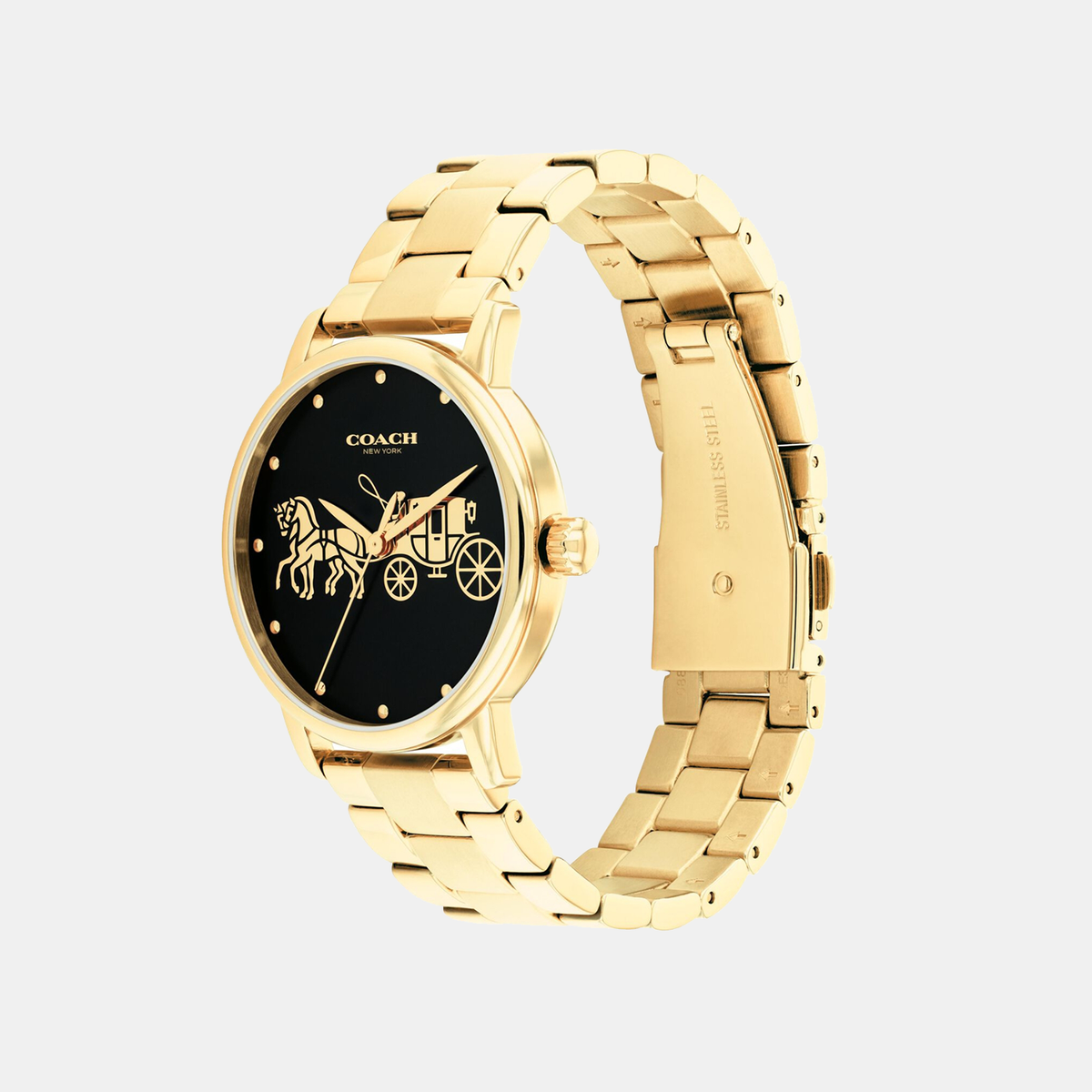 Coach Grand watch side view showing gold-tone stainless steel three-link bracelet and black dial