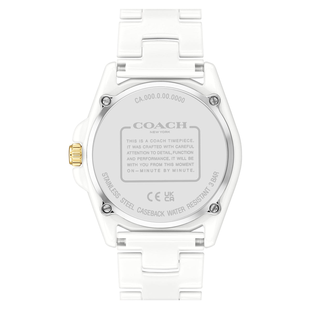 Coach Greyson caseback showing stainless steel case back with engraved Coach branding and specifications