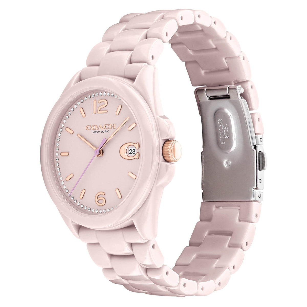 Coach Greyson pink ceramic watch shown from side angle with matching ceramic bracelet strap