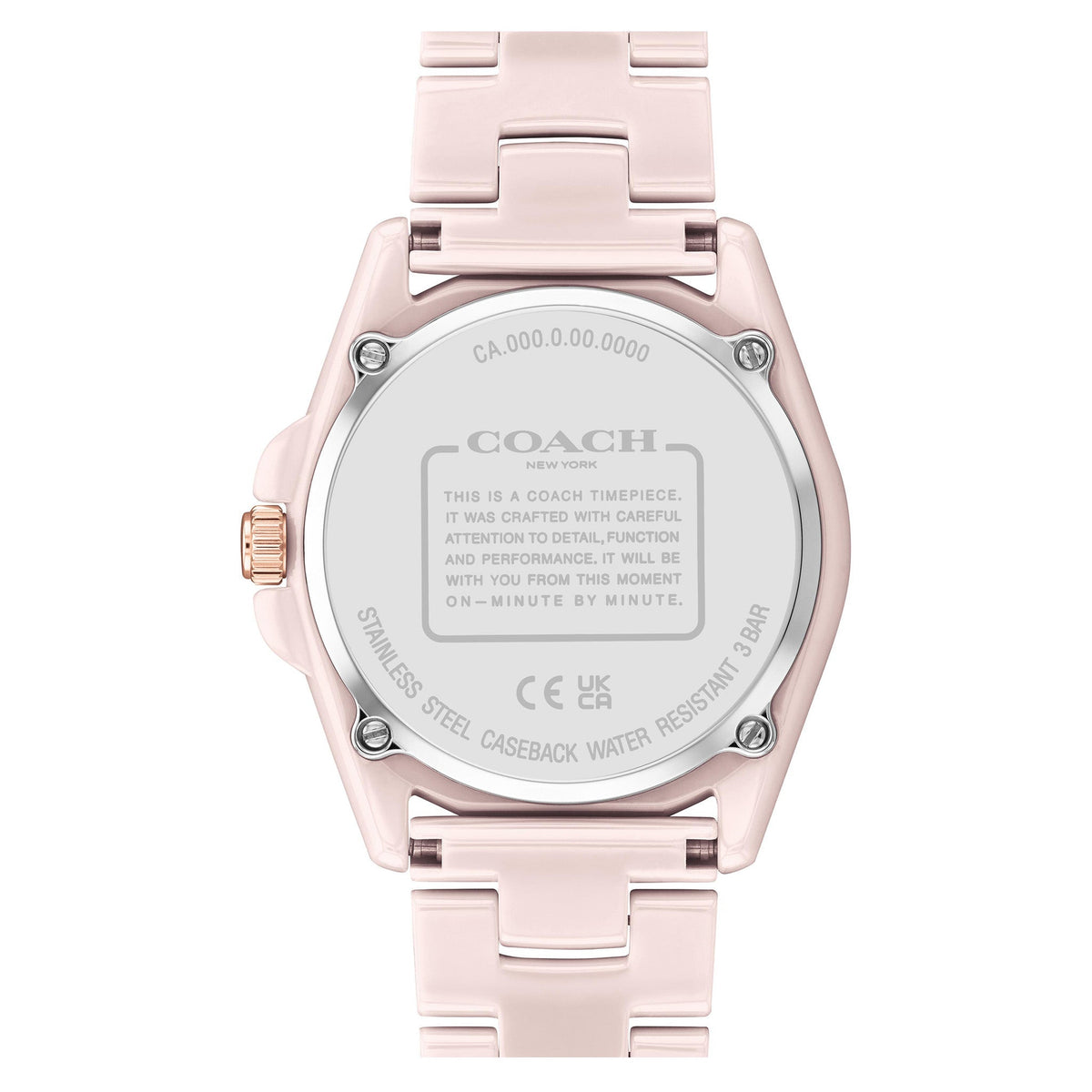 Coach Greyson watch caseback showing stainless steel and water resistant details