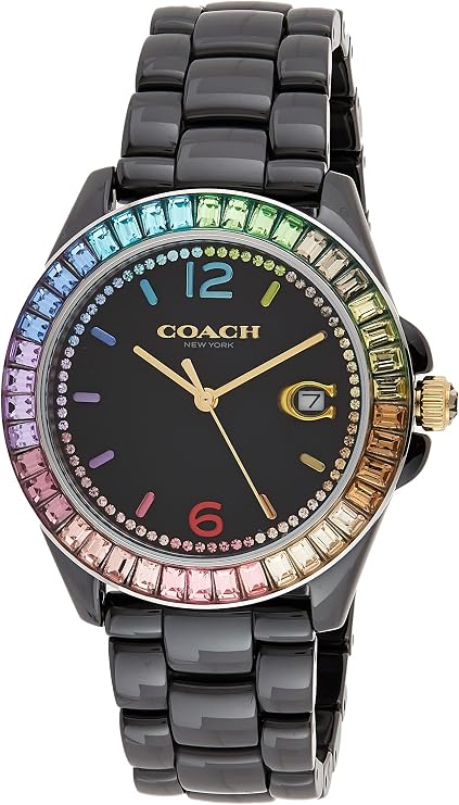Coach Greyson black ceramic watch with multi-color crystal rainbow bezel and black dial