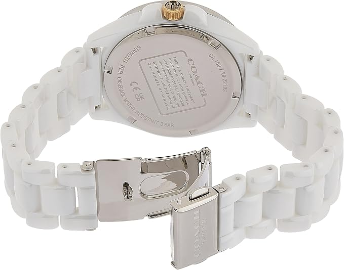 Coach Greyson watch caseback showing closure and ceramic band