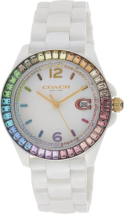 Coach Greyson white ceramic watch with rainbow crystal bezel and white dial
