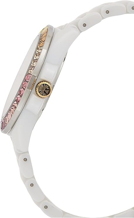 Coach Greyson watch side view showing rainbow crystal bezel and white ceramic strap