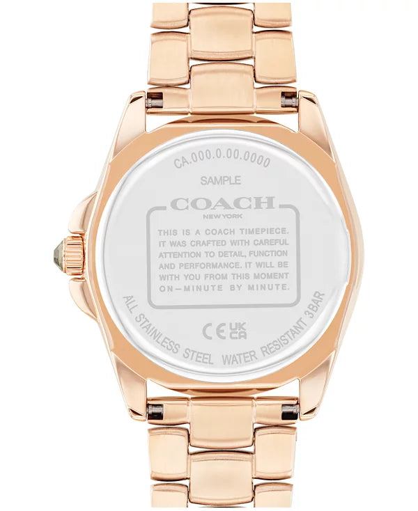 Coach Greyson watch caseback showing stainless steel case with engraved text