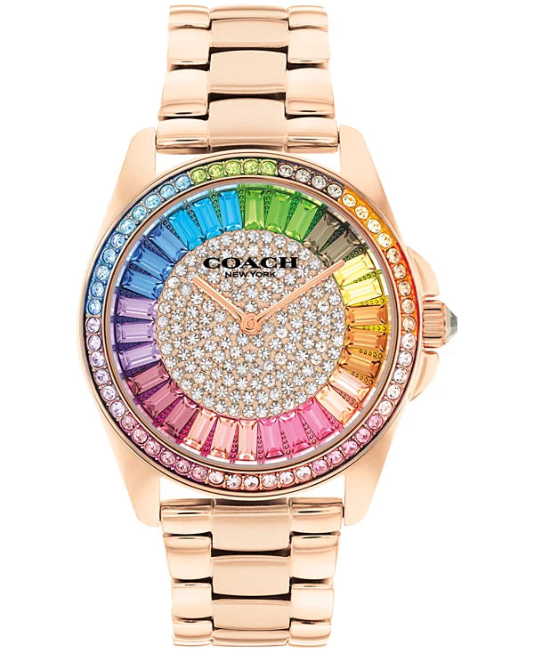 Coach Greyson rose gold watch with rainbow crystal dial and colorful stone bezel