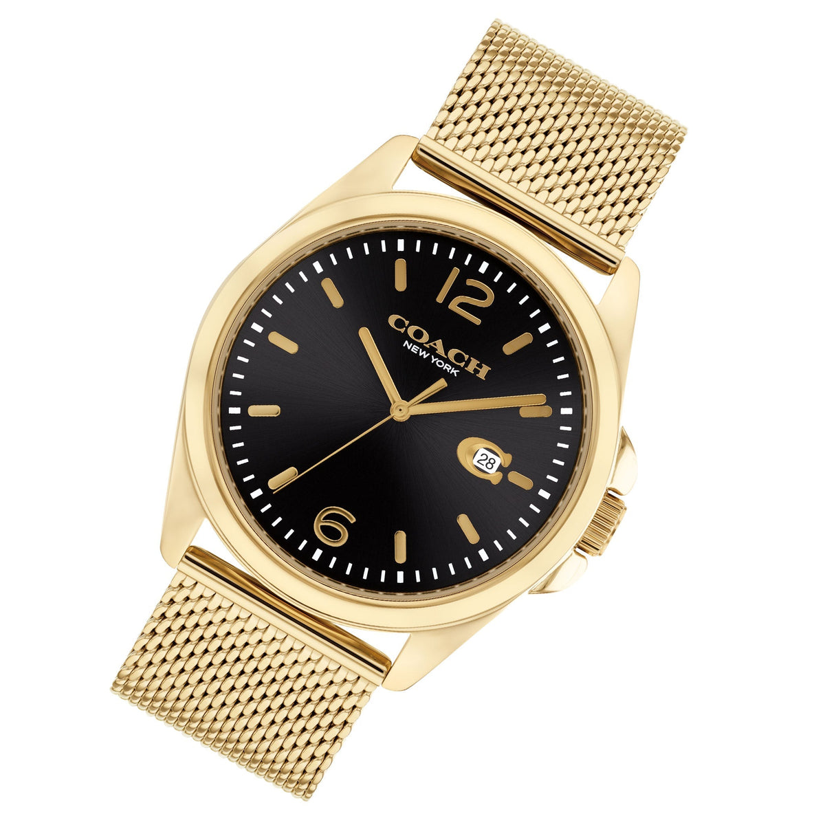 COACH Greyson Black Dial Gold-Tone Ion-Plated Stainless Steel Mesh Bracelet Watch - 14602618