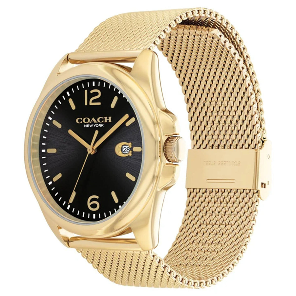 COACH Greyson Black Dial Gold-Tone Ion-Plated Stainless Steel Mesh Bracelet Watch - 14602618