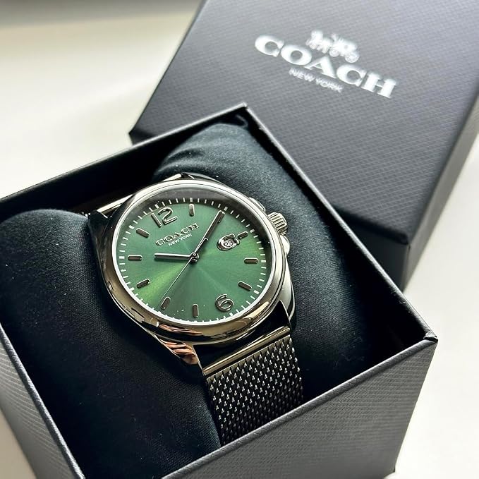 Coach Greyson watch in grey branded presentation box with mesh bracelet