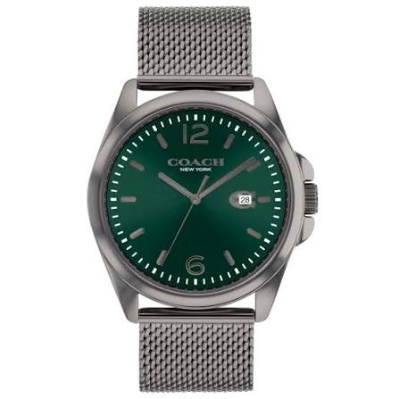 Coach Greyson watch with green dial and grey ion-plated stainless steel mesh bracelet