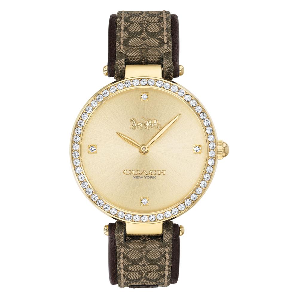 Coach Jacquard quartz ladies watch with gold dial, crystal bezel, and Jacquard strap