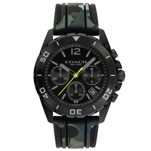 Coach Kent black chronograph watch with camo rubber strap and yellow accents, front view