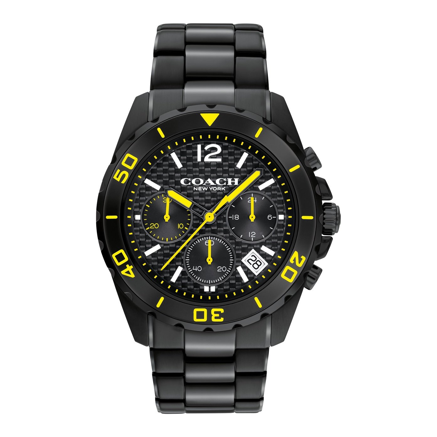 Coach Kent Chronograph black dial watch with yellow accents and stainless steel bracelet