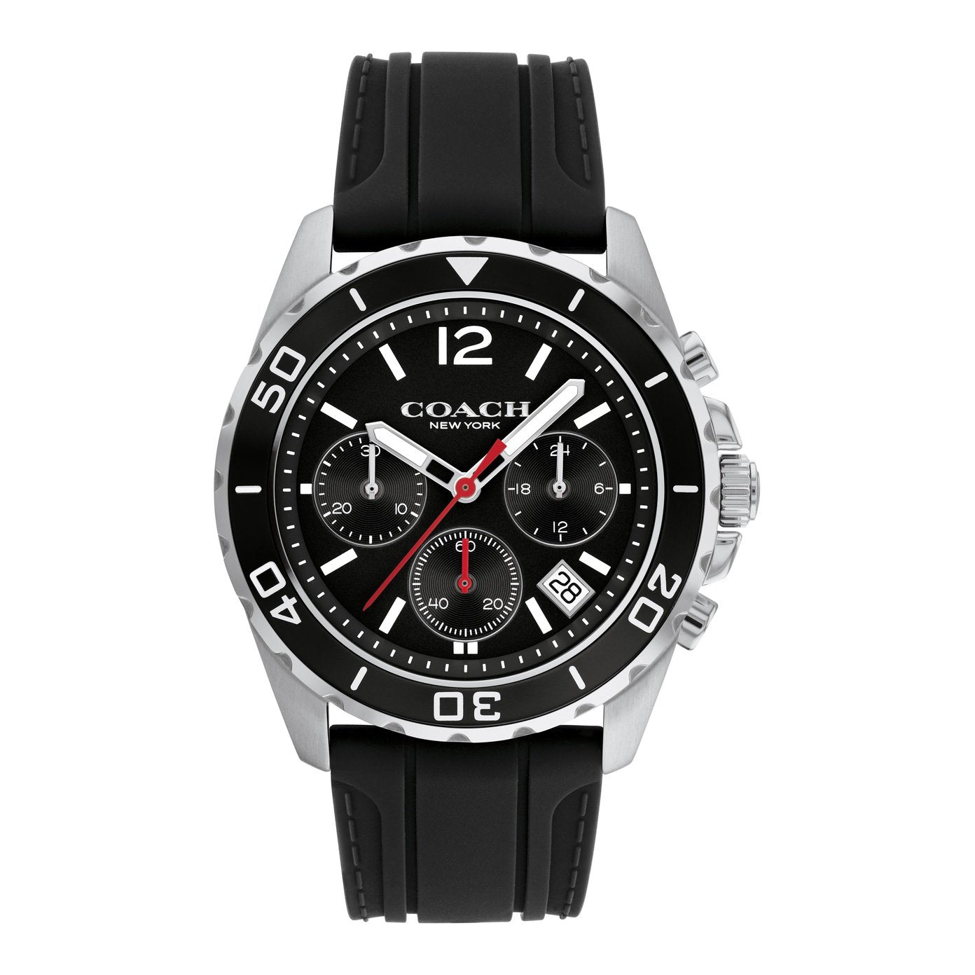Coach Kent Chronograph black dial with silver case and black silicon strap