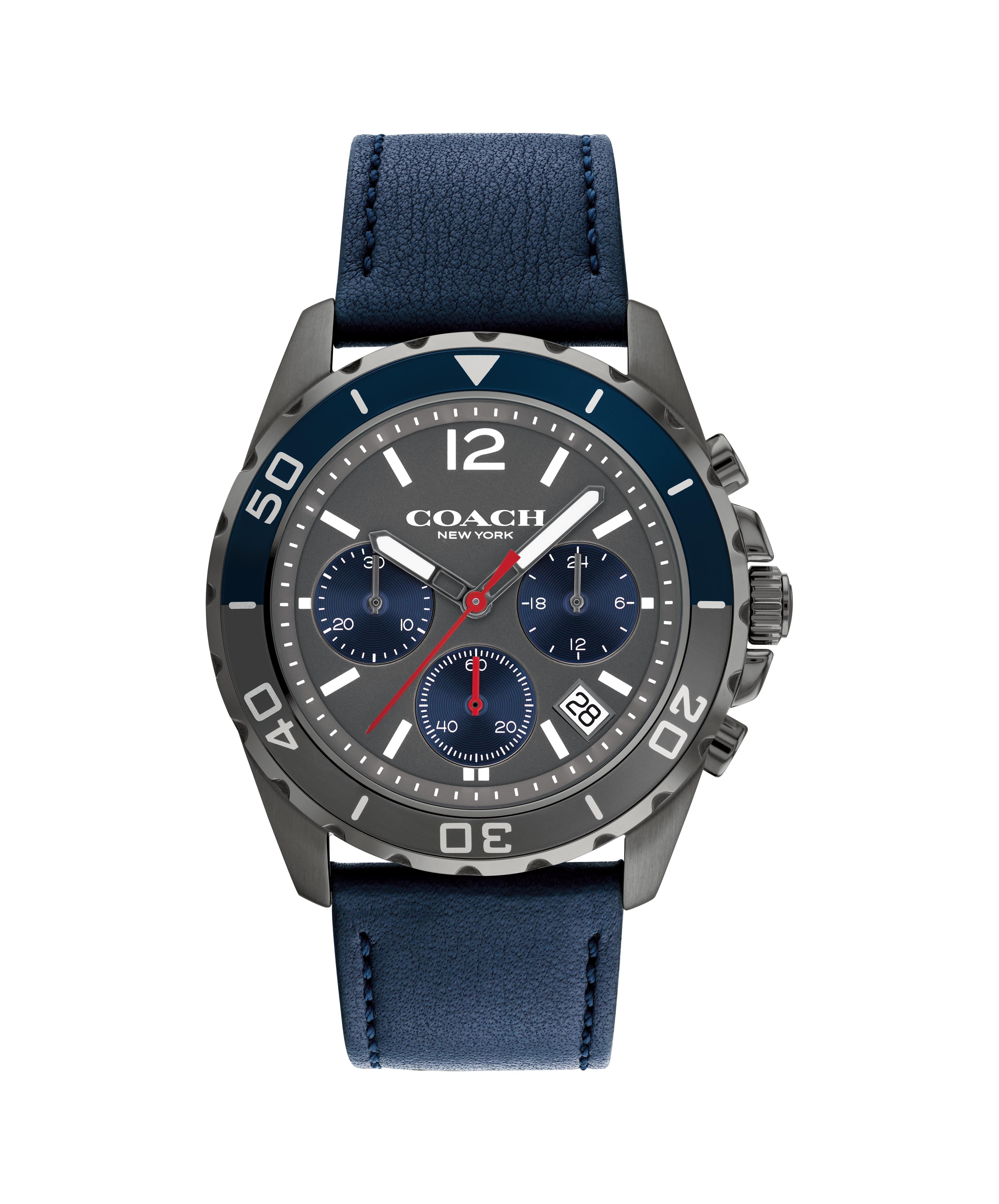 Coach Kent quartz stainless steel men's chronograph watch with navy dial and blue leather strap