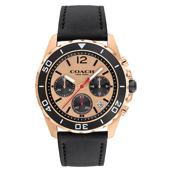 Coach Kent rose gold men's chronograph watch with black dial and black leather strap