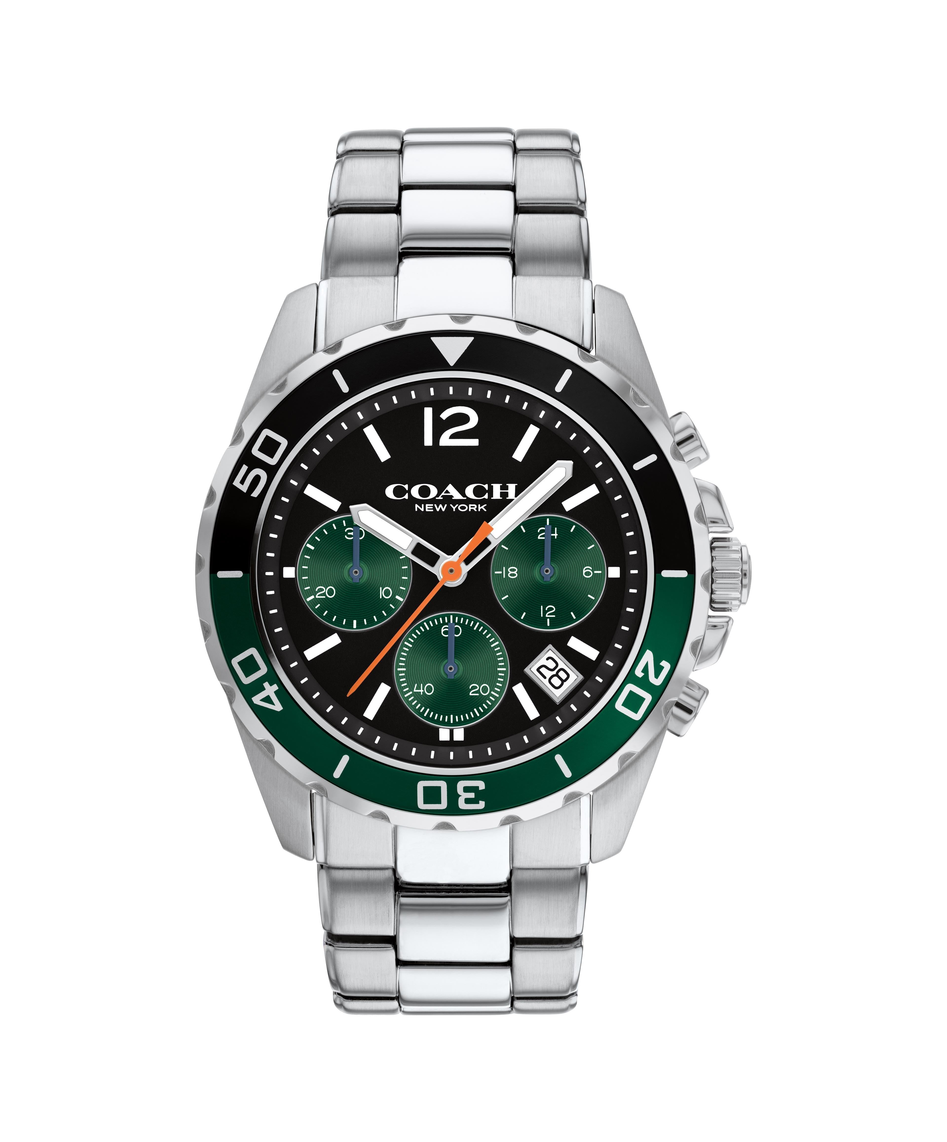 Coach Kent stainless steel men's watch with black dial, green bezel, and green subdials
