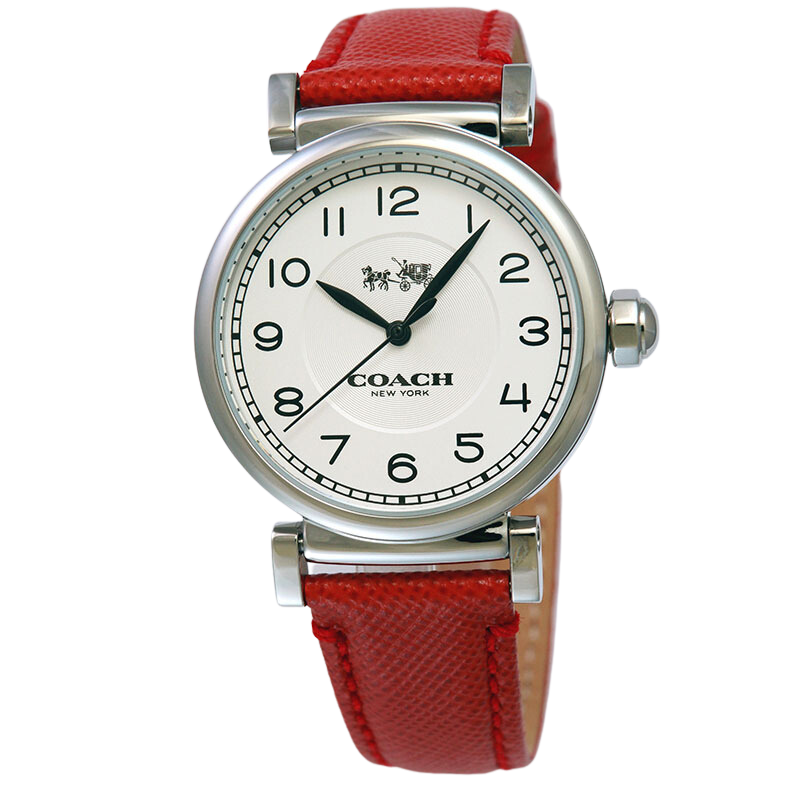 Coach Madison women's watch with silver case, white dial, and red leather strap