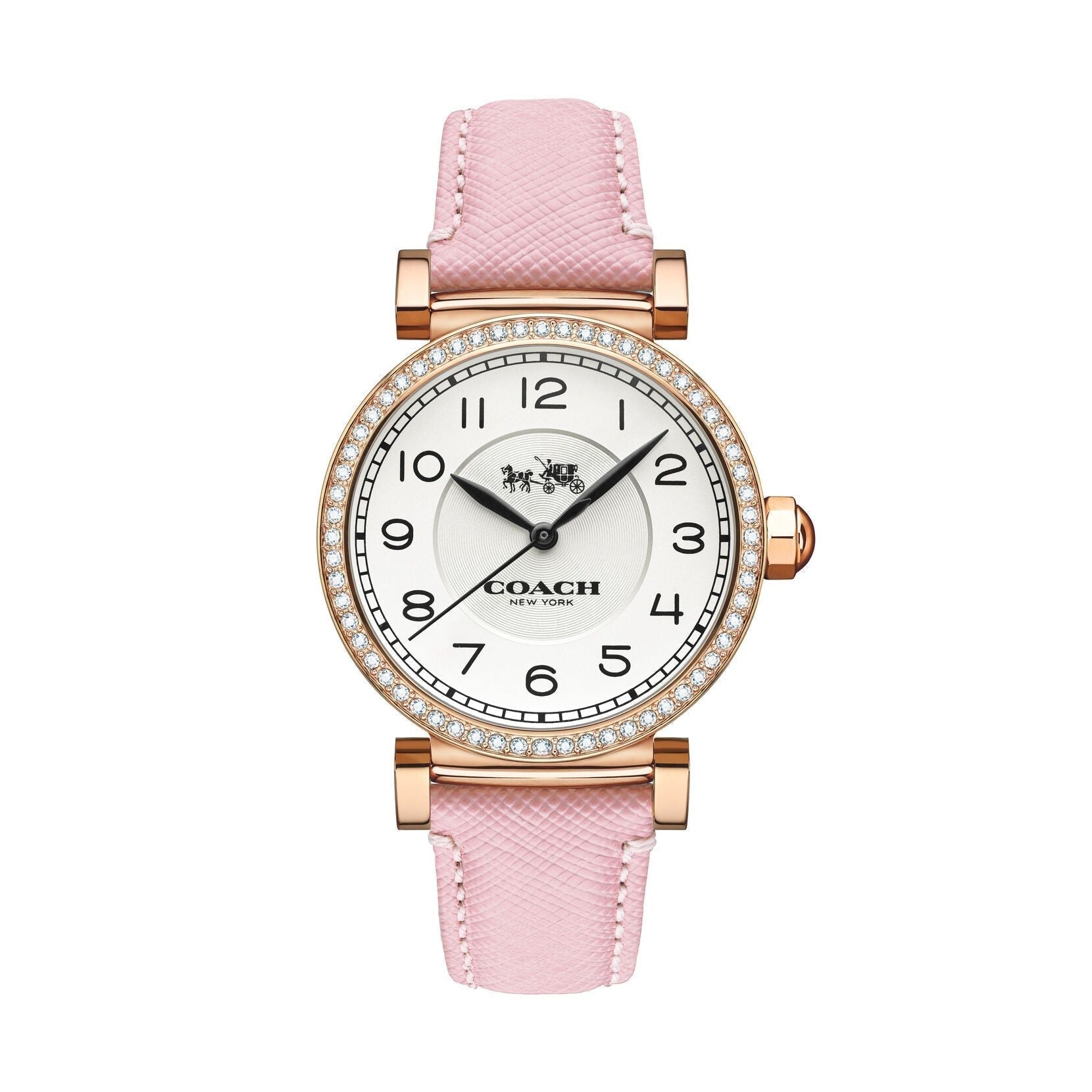 Coach Madison rose gold women's watch with white dial, crystal-set bezel, and pink leather strap