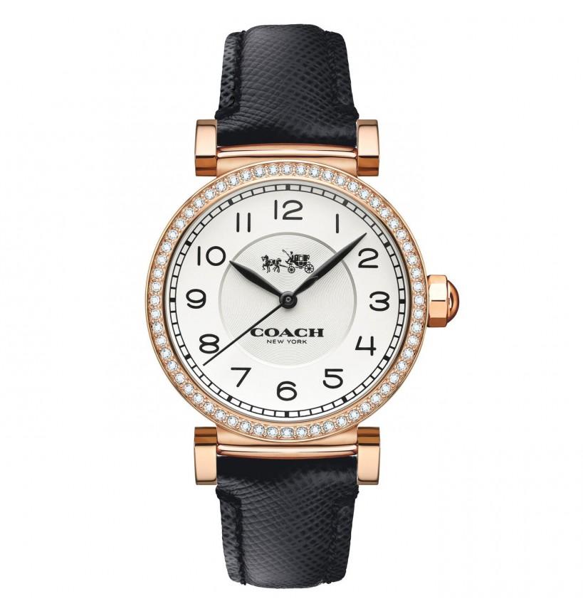 Coach Madison women's watch with rose gold case, crystal bezel, white dial, and black leather strap