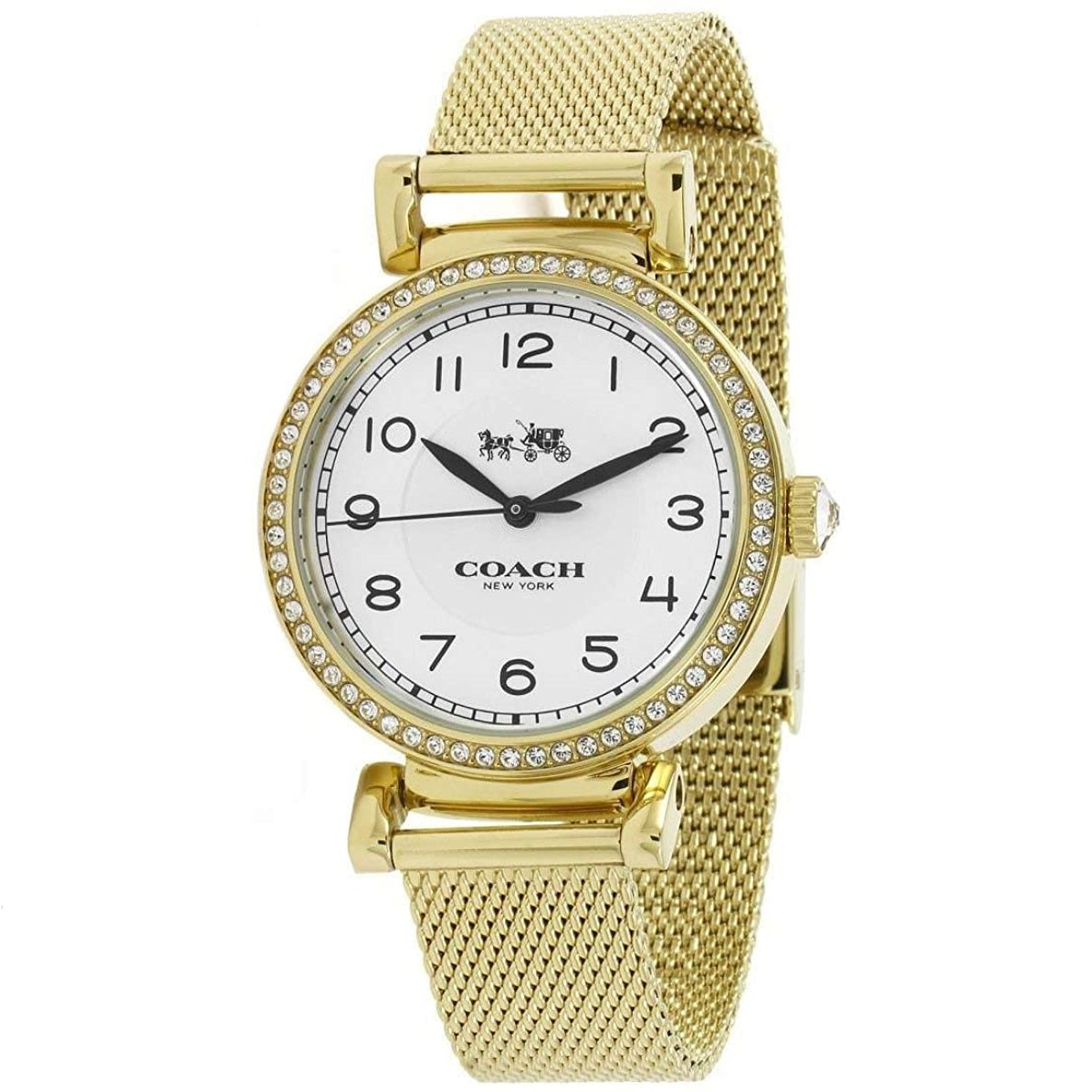 Coach Madison women's watch with gold mesh strap, crystal bezel, and white dial with black hands