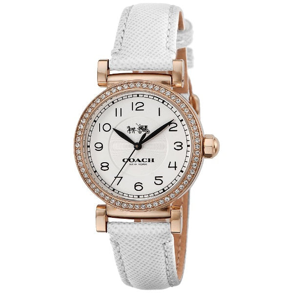 Coach Madison women's watch with white leather strap and crystal-embellished rose gold case