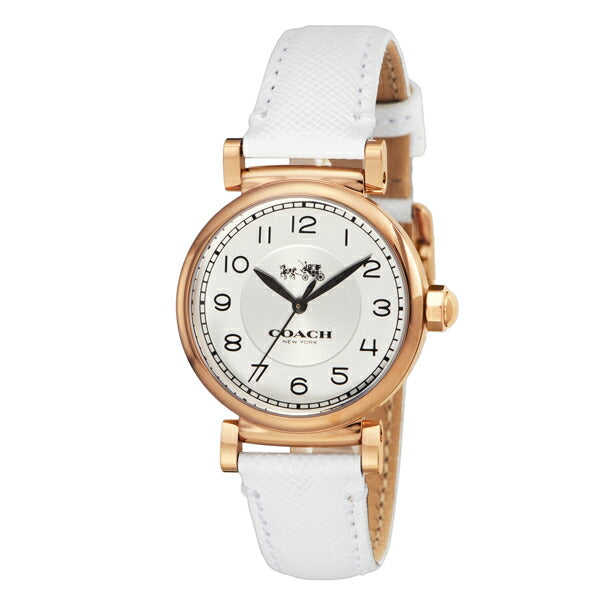 Coach Madison women's watch with rose gold case and white leather strap