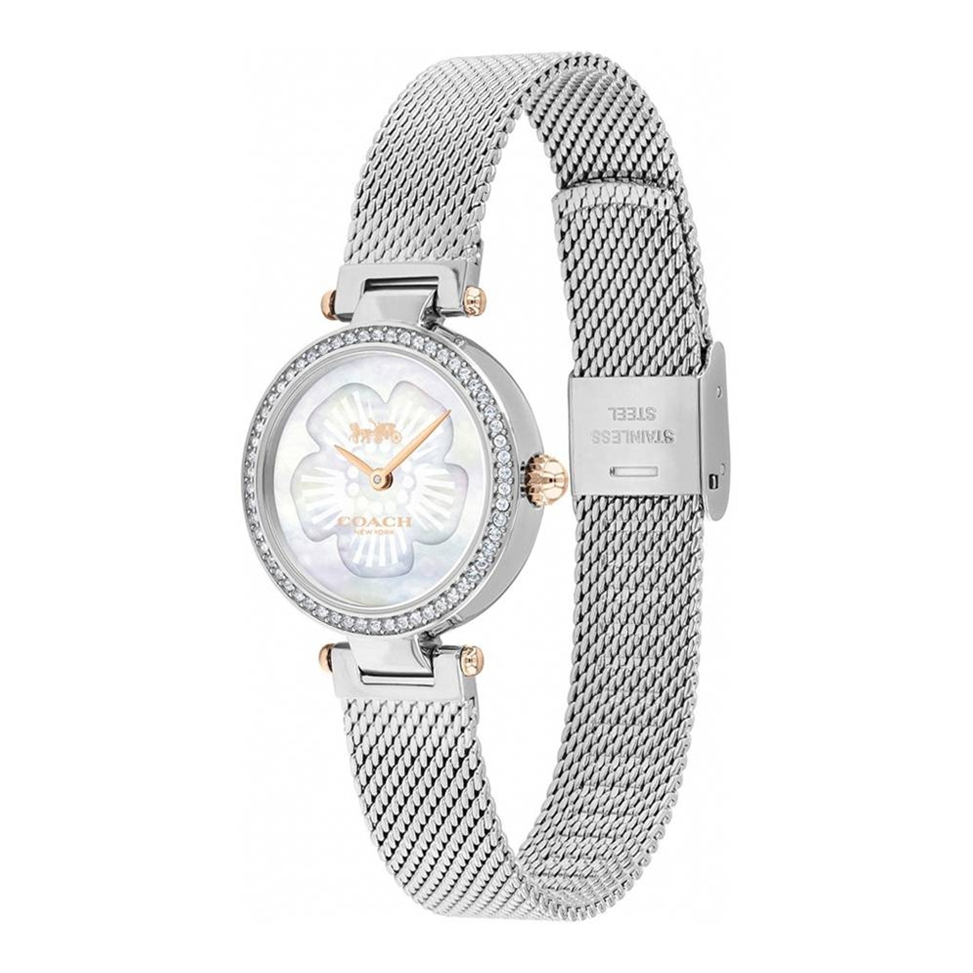 Coach Park women's watch with mother-of-pearl dial, crystal bezel, and silver mesh bracelet