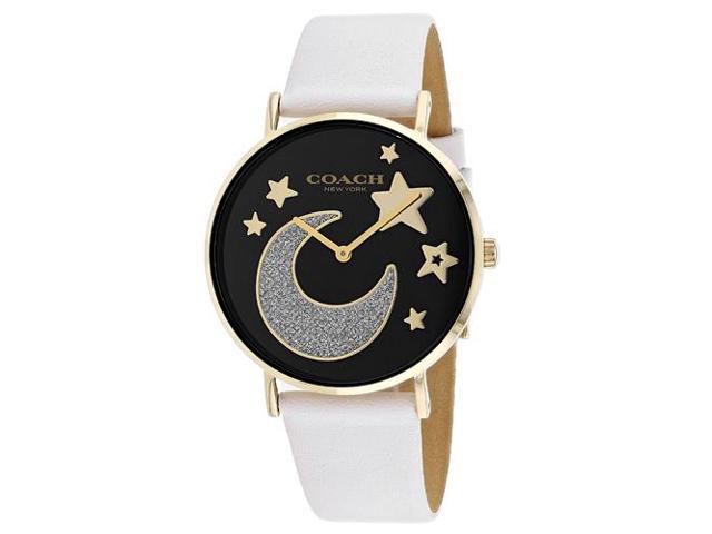 Coach Perry women's watch with black dial, gold moon and star design, white leather strap