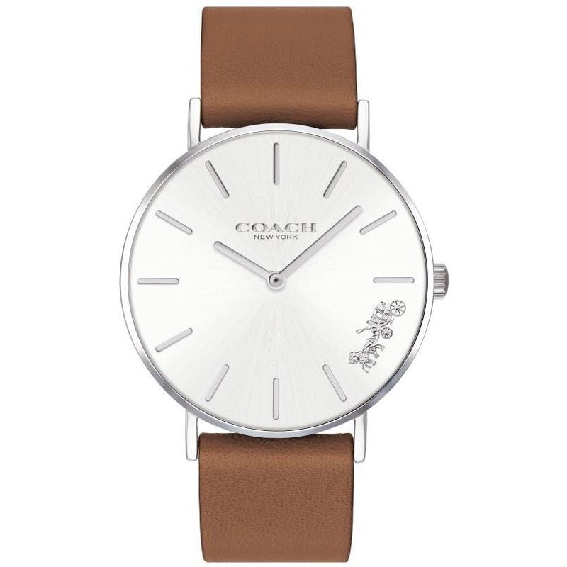 Coach Perry ladies watch with white dial, silver tone markers, and tan leather strap