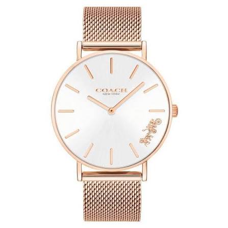 Coach Perry ladies quartz watch with white dial and rose gold mesh strap