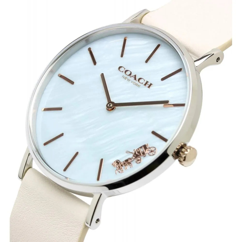 Coach Perry watch angle view displaying blue dial and white leather band
