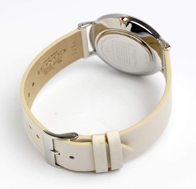 Coach Perry watch caseback and side view showing white leather strap with buckle closure