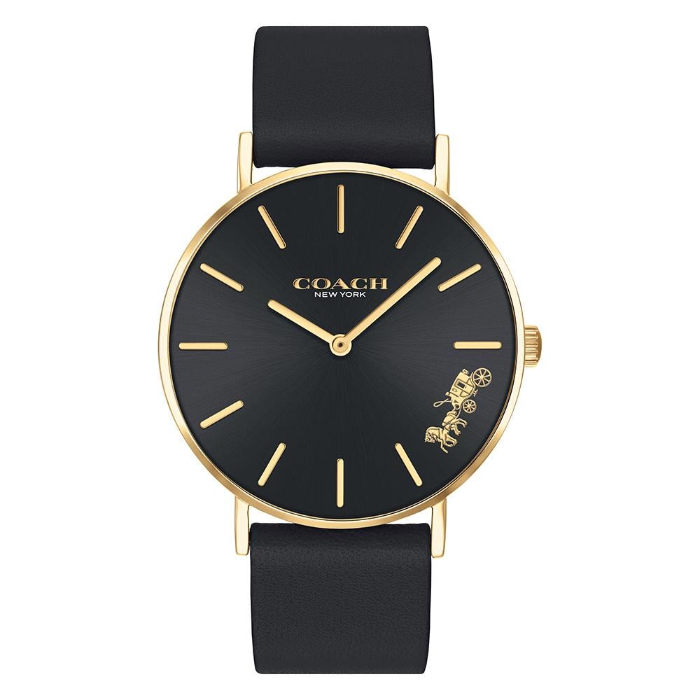 Coach Perry black dial ladies quartz watch with gold-tone case and indices on black leather strap
