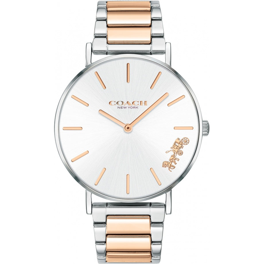 Coach Perry ladies quartz watch with silver dial, rose gold indices and mixed metal bracelet
