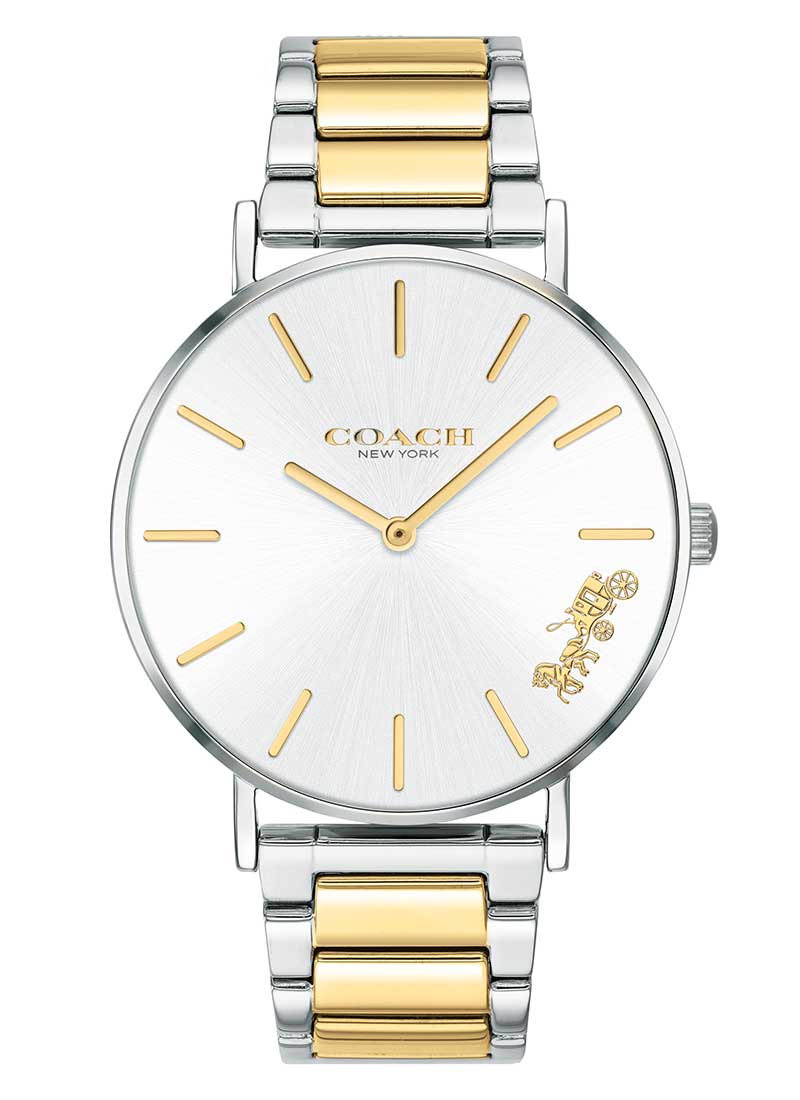 Coach Perry two-tone ladies watch with silver dial and gold markers on mixed metal bracelet