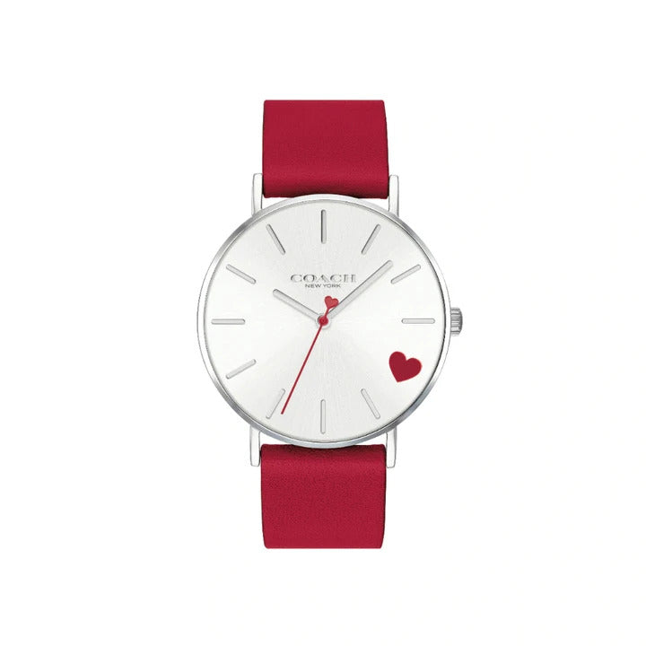 Coach Perry women's watch with white dial, red leather strap, and heart detail