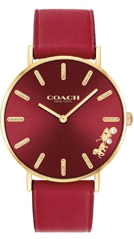 Coach Perry women's watch with red dial, gold-tone case, and red leather strap