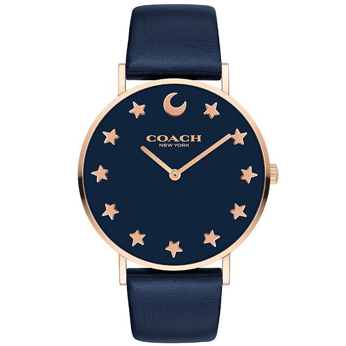 Coach Perry navy women's watch with rose gold star markers and crescent moon on dial, navy leather strap