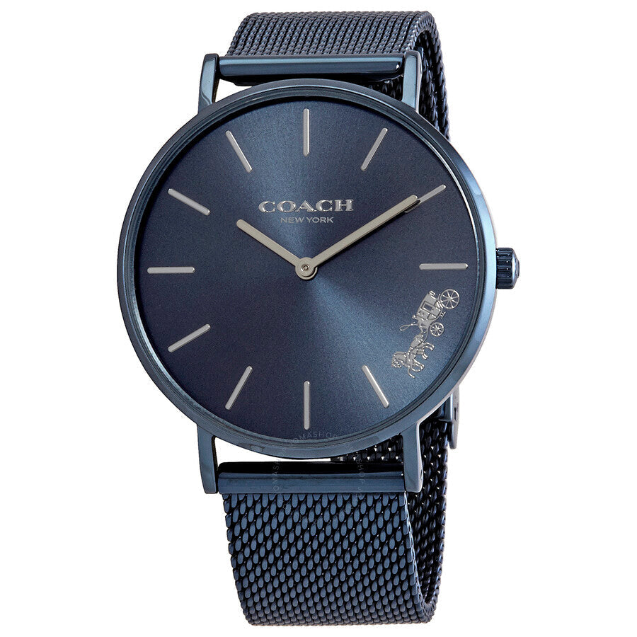 COACH Perry women's quartz watch with blue dial, round case, and blue mesh bracelet