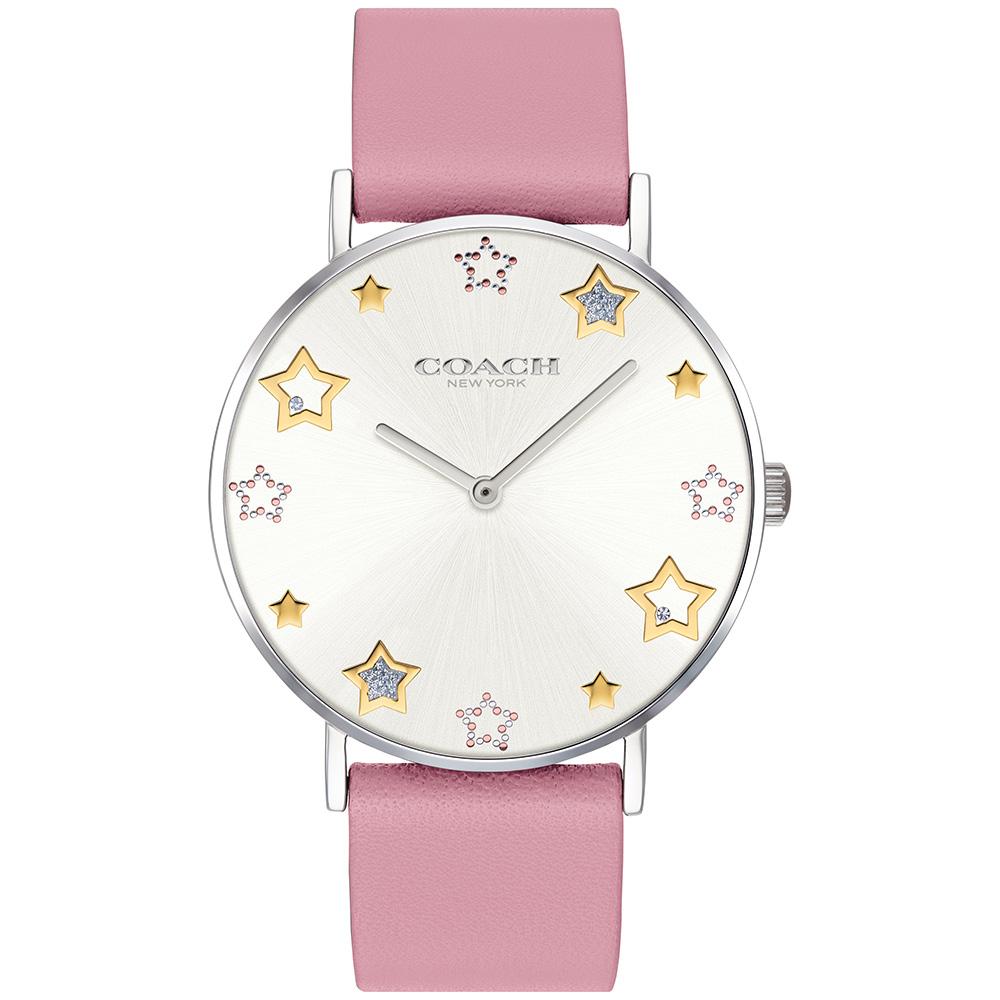 Coach Perry quartz ladies watch with silver case, white dial featuring gold and pink star markers, pink leather strap
