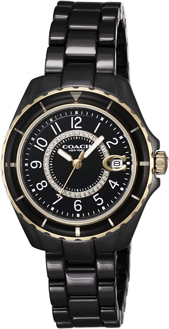 Coach Preston ceramic black dial ladies watch with black link bracelet and gold bezel
