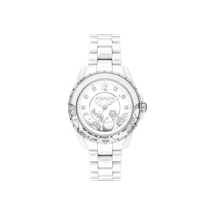 Coach Preston white ceramic women's watch with diamond bezel and white bracelet