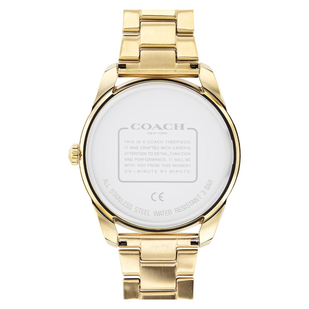 Coach Preston watch caseback showing stainless steel case and water resistance marking