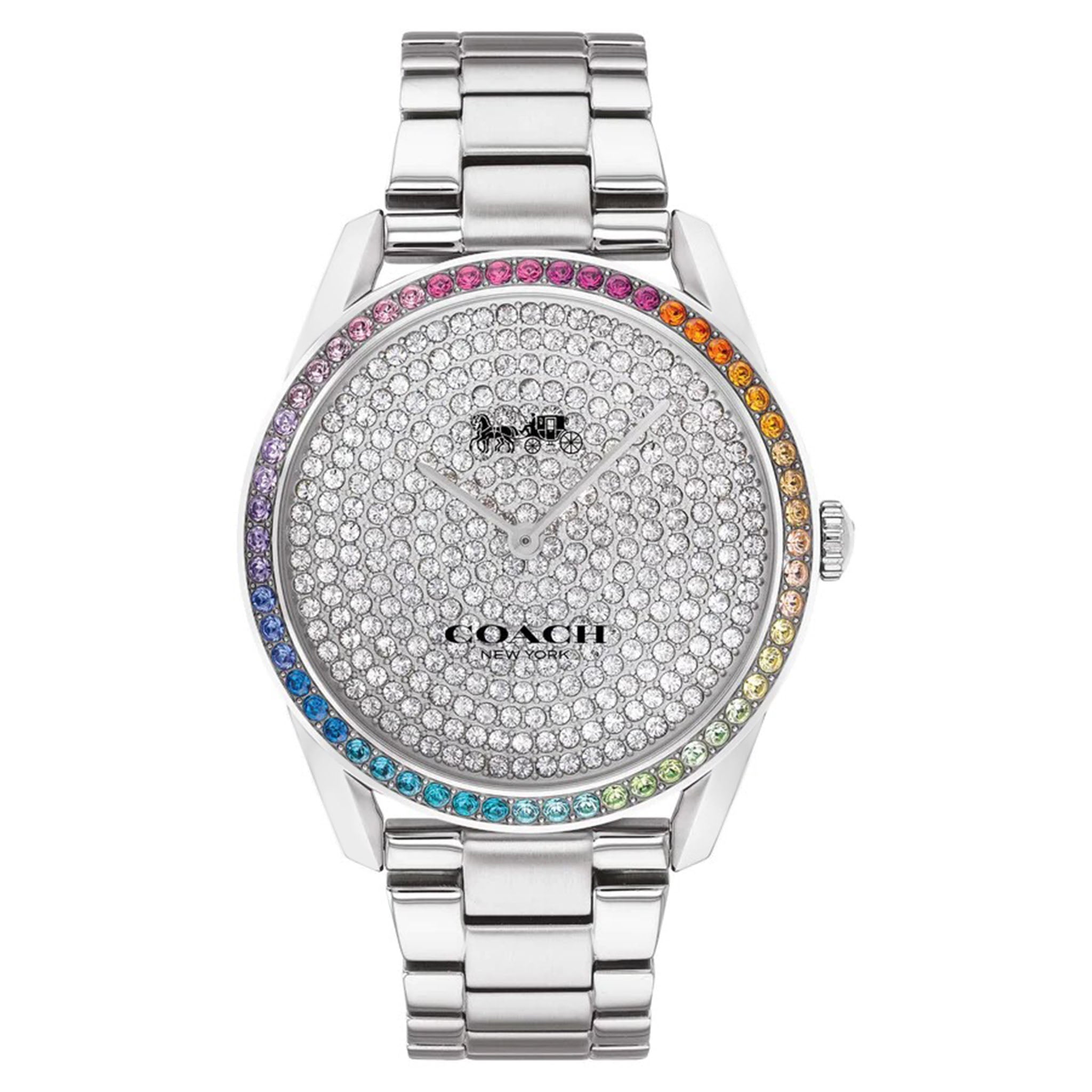 Coach Preston women's watch with crystal-set silver dial and rainbow-colored crystal bezel