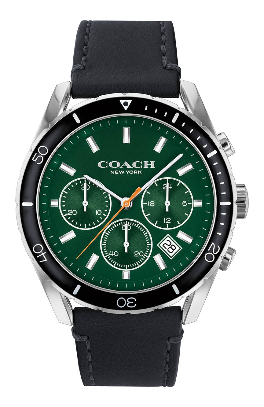 Coach Preston chronograph men's watch with green dial, silver case, and black leather strap