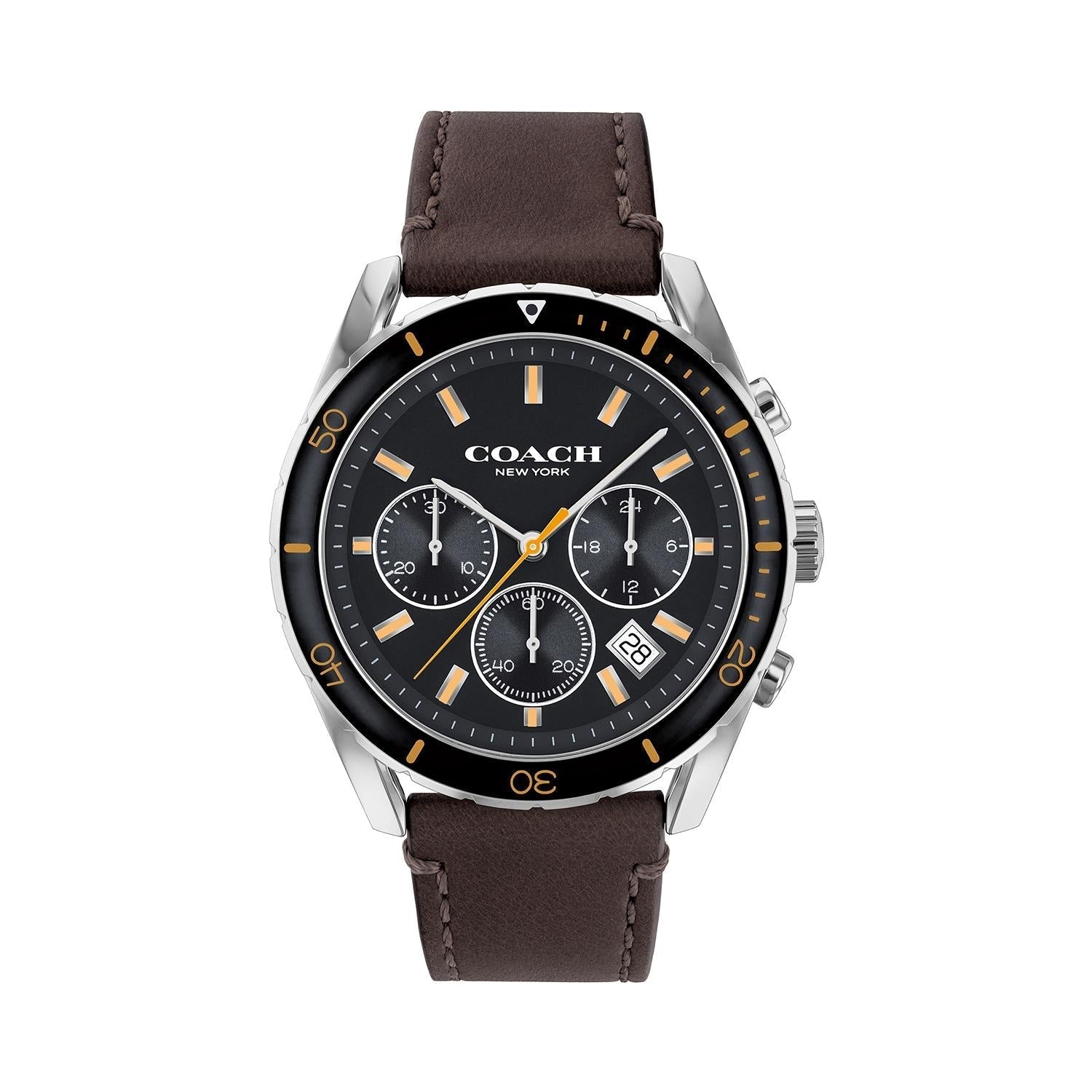 Coach Preston men's chronograph watch with black dial, brown leather strap and silver case