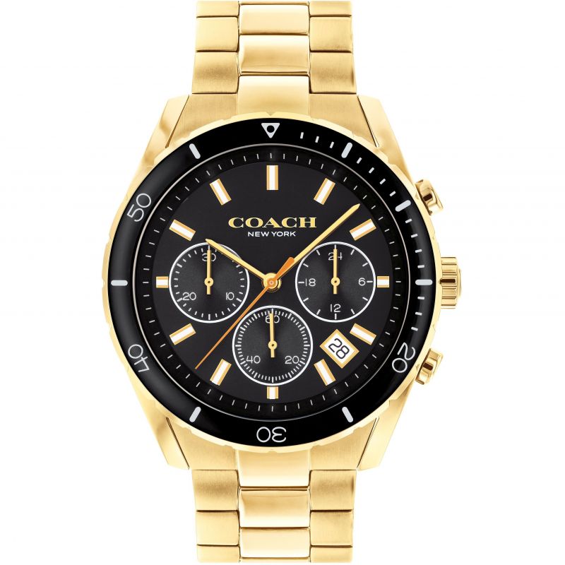 Coach Preston chronograph men's watch with gold-tone case, black dial, three subdials, and gold bracelet