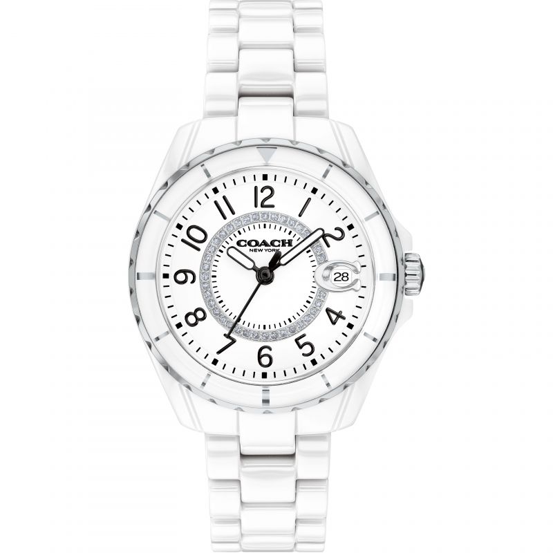 Coach Preston women's watch with white dial, Arabic numerals, date window, and silver-tone bracelet